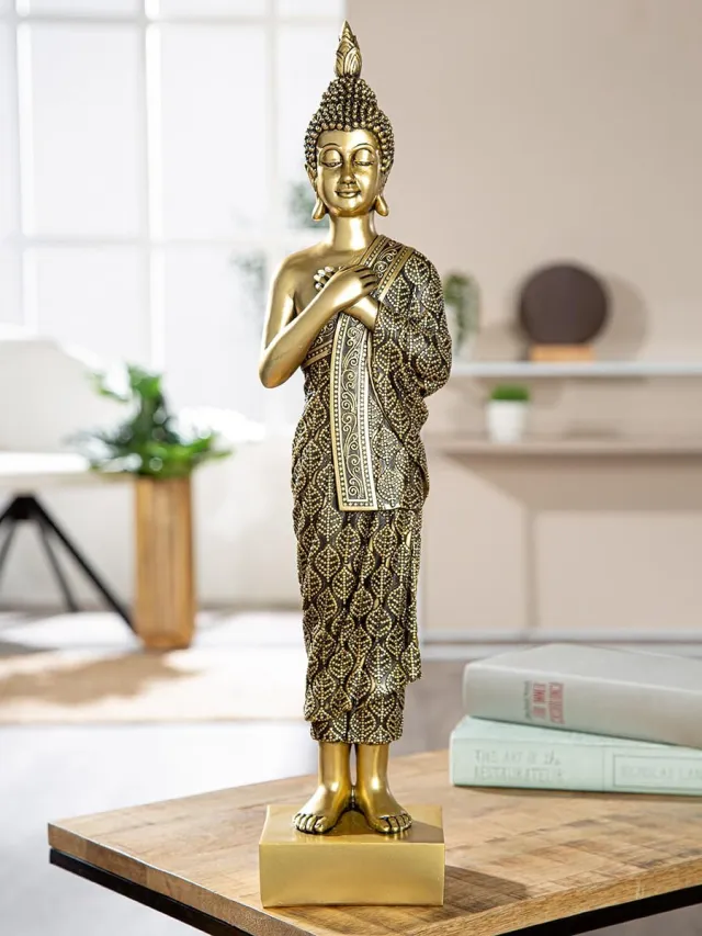 Unyqoos Goudkleurige Boeddha Beeld van Kunsthars voor Meditatieve Decoratie