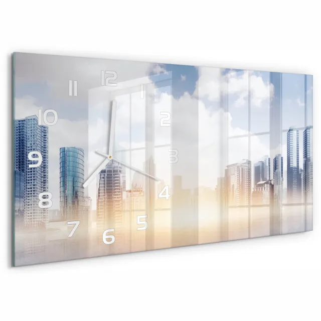 TULUP Wandklok - Wolkenkrabber Glazen Wandklok Design - 60x30 cm - Blauw Klok Glas Met Opdruk - Witte handen - Rechthoekige Klok - Wandklok Glas Met Motief - Decoratieve Glazen Klok