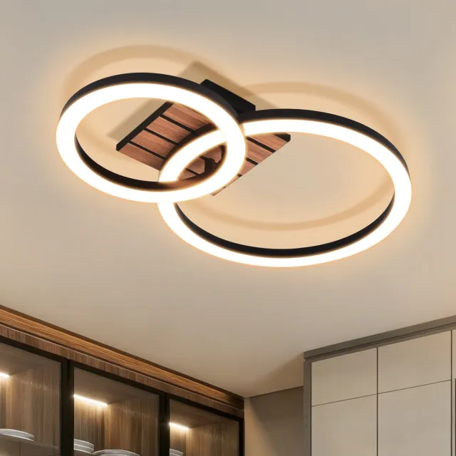 NETTLIFE LED Plafondlamp 14W 3000K Warmwit - Modern Dubbele Cirkel Met Houtlook - Niet Dimbaar - Plafondverlichting Voor Keuken Hal Garderobe zwart