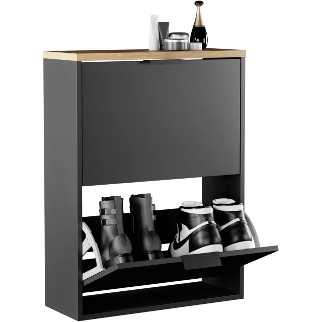 Planetmöbel STIVIO - Schoenenkast 60 cm - Zwart en goud eiken - Met 2 kleppen - Slechts 23 cm diep Zwart / Goud eiken