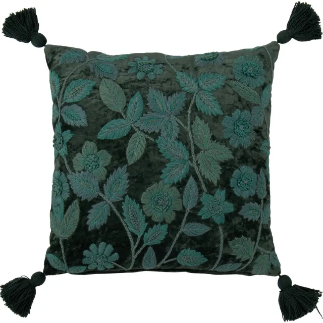 J-Line kussen Bladeren Vierkant - viscose - donkergroen/turquoise