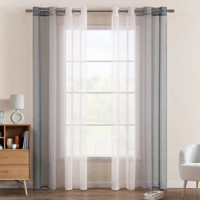 Ibenzoa Luchtig Tweekleurig Gordijn met Ringdetails, Set van 2, 140x245cm, Grijs