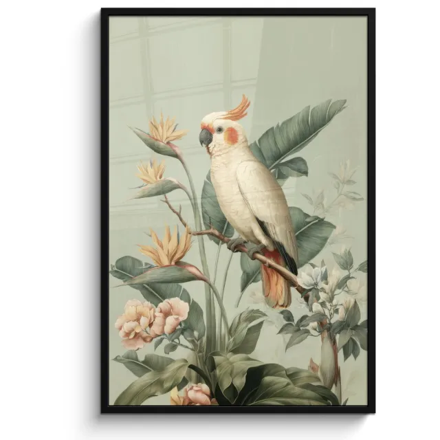 FrameYourWall Poster in lijst - Fotolijst 80x120 cm - Posters - Gele kuifkaketoe - paradijsvogelbloemen - Groen - Posterlijst zwart - Decoratie - Wanddecoratie woonkamer - Muurdecoratie slaapkamer