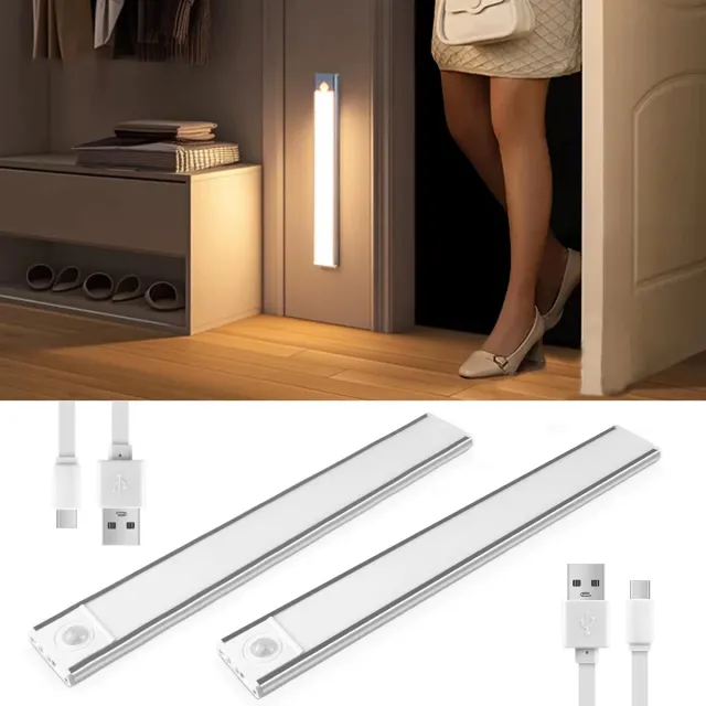 Traumheim LED Kastverlichting met bewegingssensor, 2 x 20 cm, USB-C Oplaadbaar, Dimbaar, Magnetisch, 3 Kleurtemperaturen, Draadloos, Kastverlichting op Batterij, Zilver 2 Stuks