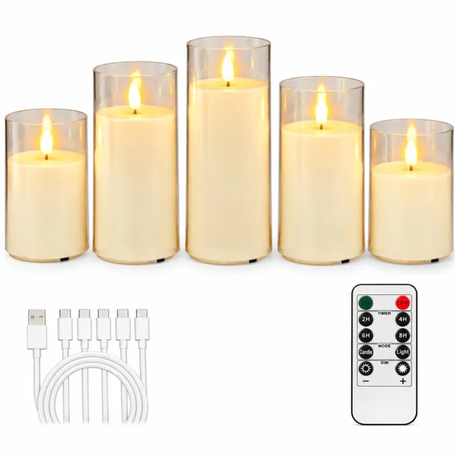 SWGOTA elektronische kaarsen, set van 5, oplaadbaar met afstandsbediening en transparante omhulling, diameter 7.5 cm, hoogtes 10/12.5/15/17.5/20 cm Crème
