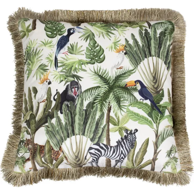 Mars & More Jungle toekan - sierkussen - gouden franjes - 45 x 45 cm Multicolor