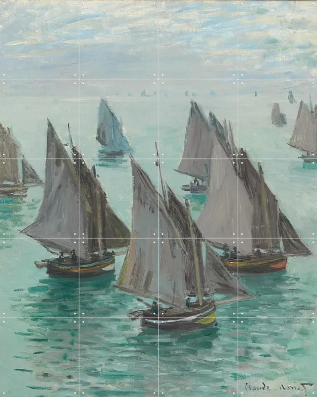 IXXI Fishing Boats - Calm Sea, Claude Monet & Bridgeman Images - 80 x 100 cm - Grote wanddecoratie en posters - Kleurrijk, Olieverf, Klassiek Blauw / Koele tinten