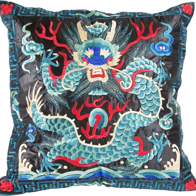 Fine Asianliving Chinese Kussen Volledig Geborduurd Blauw Zwart Draak 45x45cm