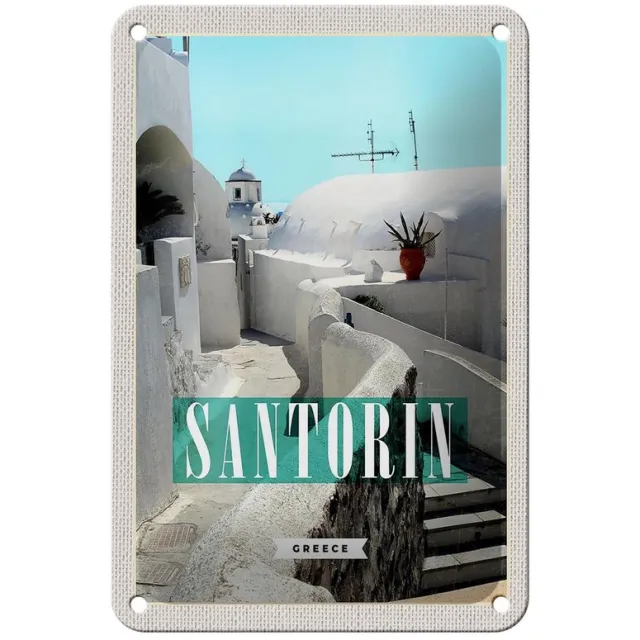 Femer Blechschild Reise 12x18cm Santorini Stadt weiße Gebäude Treppen Schild wit