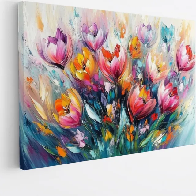Saammp Canvas Schilderij - Kleurrijk Gekleurde Bloemen Schilderij - Abstract - 70x50 - Foto op canvas - Wanddecoratie - Modern Interieur - Woonkamer Decoratie Multicolor