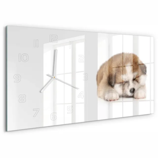 TULUP Wandklok - Akita-puppy Wandklok Glas Decoratie - 60x30 cm - Oranje Gekleurde Glazen Klok - Witte handen - Rechthoekige Klok - Klok Glas Met Opdruk - Moderne Wandklok Glas