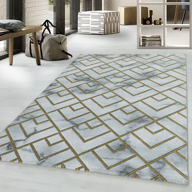 Adana Carpets Laagpolig vloerkleed, marmerdesign, goudkleurig, woonkamerkleed, jute achterkant, afmeting: 140 x 200 cm