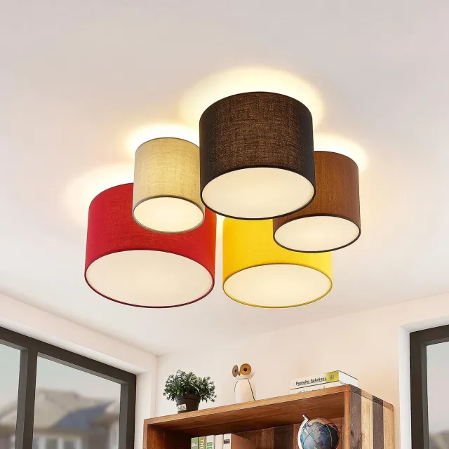 Lindby plafondlamp - 5lichts - Stof, metaal - H: 25.5 cm - E27 - grijs, bruin, zwart, rood, geel
