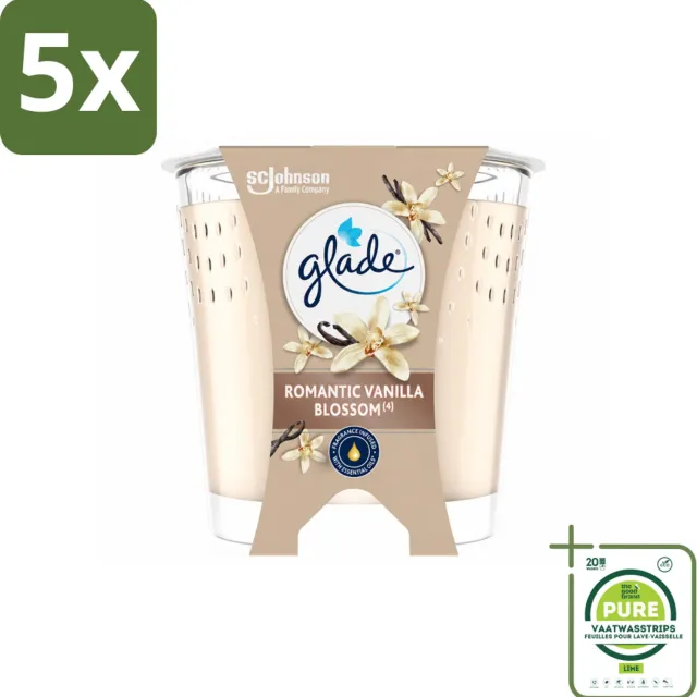 Glade 5 x Glade - Geurkaars Romantic Vanillebloesem - 100% Raapzaadwas & Vegan - 112 g - Grootverpakking - Vaatwasstrips - Romantische Kaars - Geurkaars - Vegan Kaars - Warme Geur - Amber Geur crème