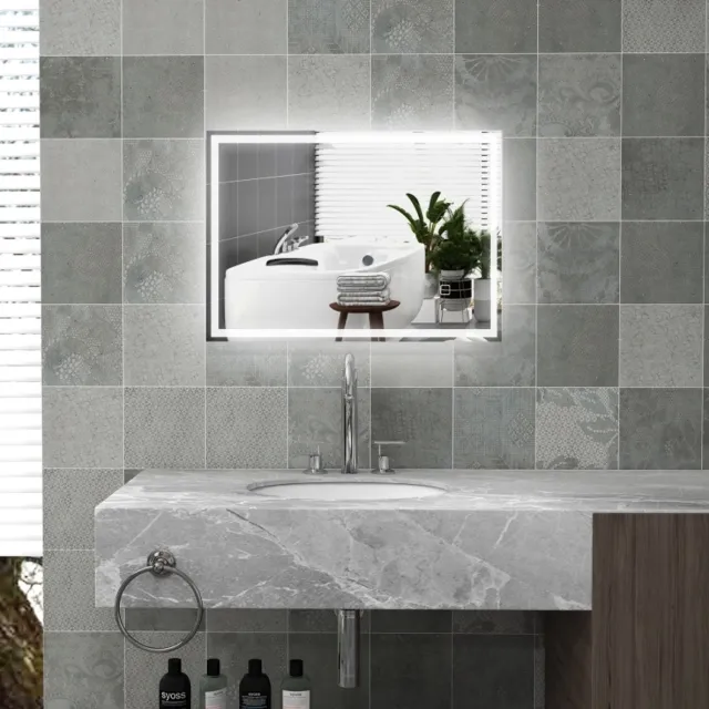MEUNIQ badspiegel met LED 70 x 50 cm rechthoekige wandspiegel voor badkamer met touchbediening, dimbare driekleurige verlichting, anti-condens en geheugen zilver