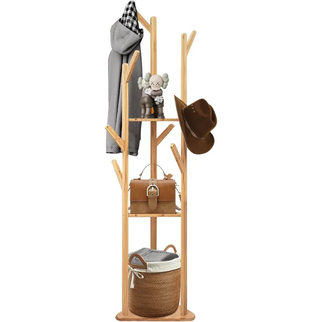 PIPIPOXER Kapstok Staand -Staande Kapstok 9 Haken - 3 legplanken - Bamboe - 38 x 38 x 160 cm