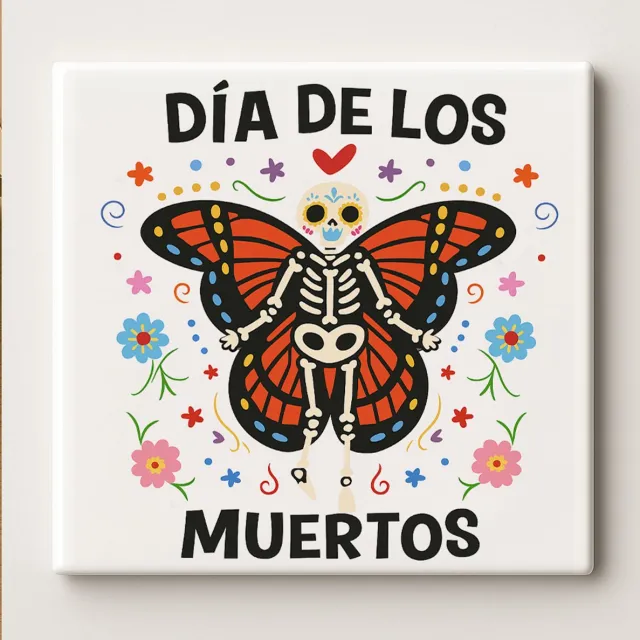 Nevolis Día de los Muertos Keramische Tegel – 15x15 cm Kleurrijk Suikerhoofd & Vlinder Ontwerp – Mexicaanse Dag van de Doden Wanddecoratie & Huisdecoratie Multi Color