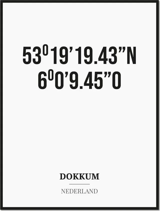 Studio216 Poster/kaart DOKKUM met coördinaten zwart, wit