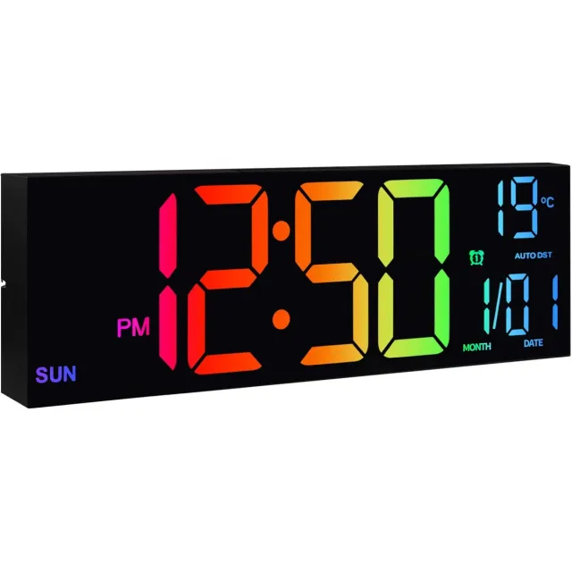 Archi Wandklok – Digitale Wekker - LED Display - Afstandsbediening – 9 RGB Kleuren - Alarm – Woonkamer, Keuken of Kantoor - Zwart