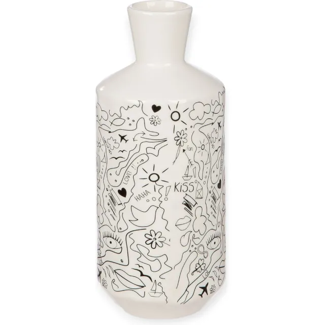 Gilde handwerk Vaas - Keramiek - Single Line Design - 9x20cm - Wit - Zwart Zwart en wit