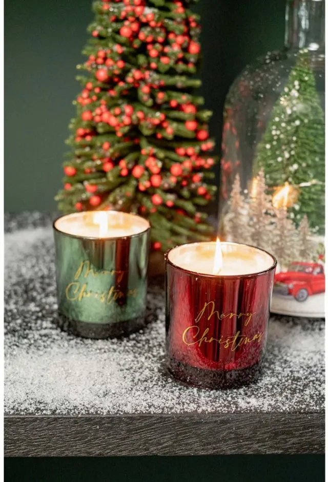 B-home decoratie en interieur Geurkaars Xmas – Rood en Groen – 8 x 7,3 x 7,3 cm – Kerstkaars – Decoratief Glas - 2 stuks Rood & Groen
