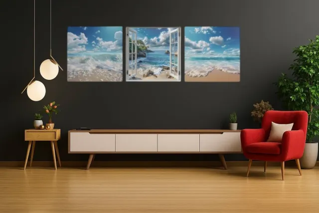 Trendex Global Drieluik Canvas Schilderij Zee en Strand – Open Raam Landschap Wanddecoratie - 3x60x60 cm Blauw