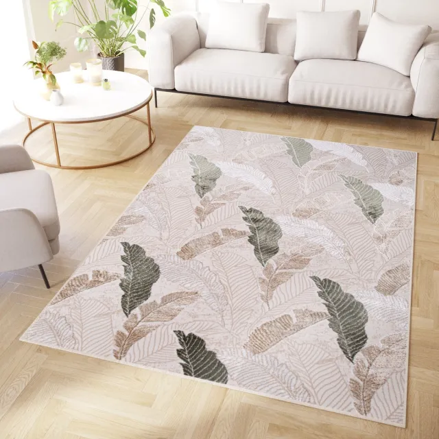 Tapiso Crystal Vloerkleed Beige Groen Bladeren Modern Tapijt Maat- 300x400 Licht Groen