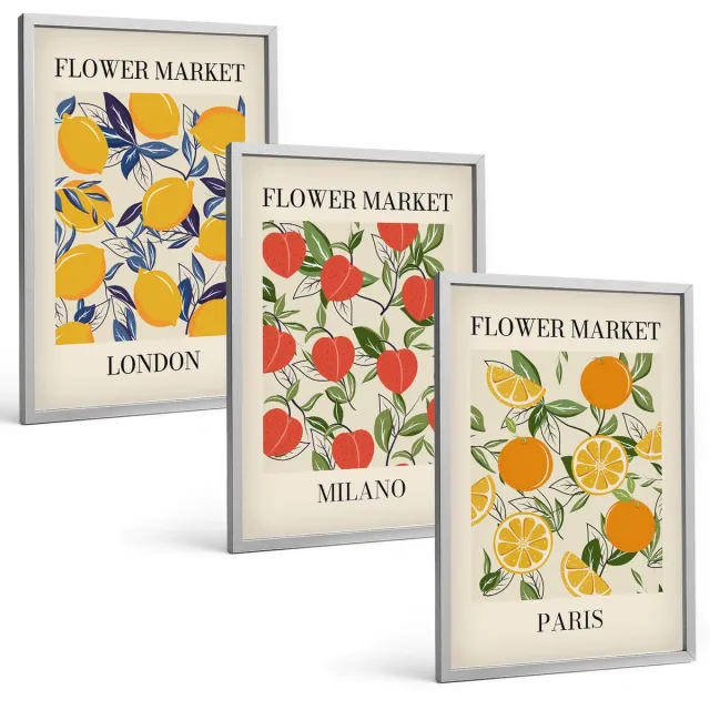 TULUP 4-Delige Schilderij Set - Bloemenposters in Londen, Milaan en Parijs - 40 x 60 cm - Muurdecoratie - Schilderijen Set - Woonkamer Zilveren lijst