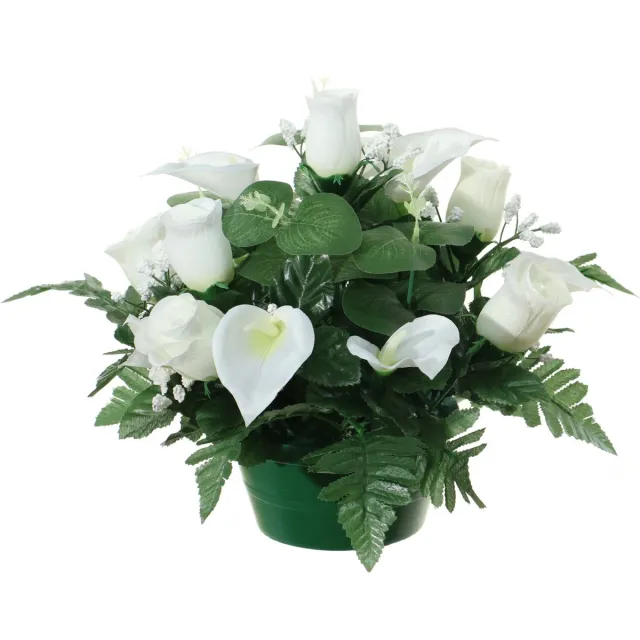 Louis Maes Kunstbloemen plantje in pot - wit - 26 cm - Bloemstuk ornament - rozen met bladgroen