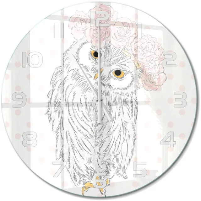 TULUP Wandklok - Uil in een krans Gekleurde Glazen Klok - fi60 cm - Roze Glazen Klok Met Print - Witte handen - Ronde Klok - Moderne Wandklok Glas - Wandklok Glas Decoratie