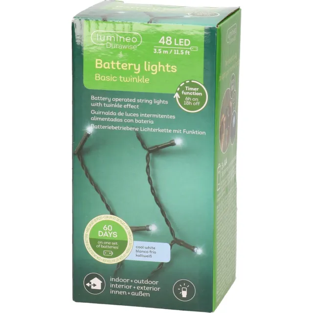 Lumineo Kerstverlichting twinkle op batterij helder wit buiten 48 lampjes - boomverlichting - batterijen lichtsnoeren - kerstlampjes/kerstlichtjes