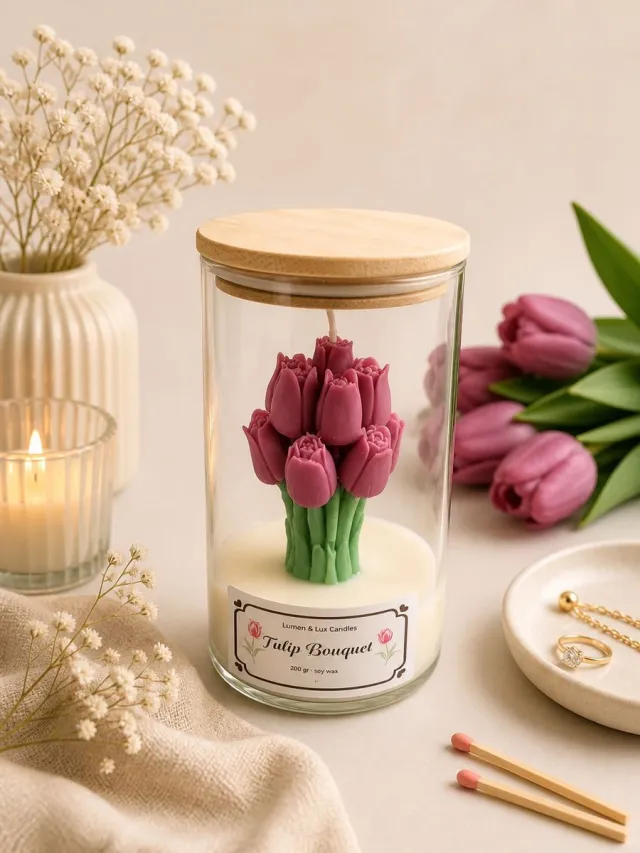 Lumen and Lux Candles Sfeervolle kaars met Tulp Boeket – warmte en elegantie in één - Moederdag Geel met groen