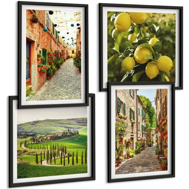 Coloray 4-Delige Schilderij Set - Sfeervolle Straatjes Met Bloemen En Citroenen Op De Achtergrond. - 40 x 40 cm En 40 x 60 cm - Stijlvolle Muurdecoratie - Slaapkamer - Moderne Wanddecoratie Zwarte lijst