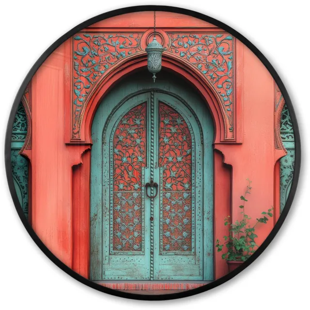 FrameYourWall Poster in lijst Rond - Fotolijst 80x80 cm - Posters - Lantaarn - Deur - Turquoise - Ronde posterlijst zwart - Decoratie - Wanddecoratie woonkamer - Muurdecoratie slaapkamer Deur - Kleurrijk