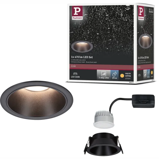 Paulmann LED-inbouwlamp 3-Step-Dim Cole Coin Set van 1 IP44 rond 88 mm Coin 6W 470lm 230V dimbaar 2700K Zwart