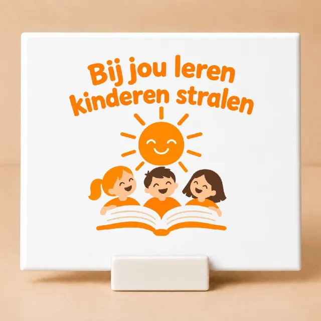 Bedruk King Minimalistische Tegel Juf en Meester "Bijna Kerstvakantie" – Scandinavisch Design voor Onderwijs en Inspiratie - 11 x 11 cm met houder Wit