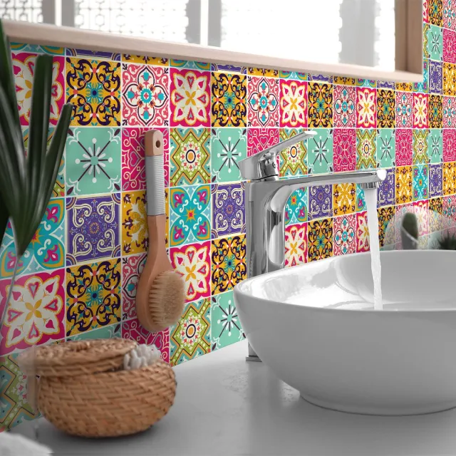 Ambiance Sticker Zelfklevende tegelmuurstickers voor keuken en badkamer - 9 GIMINIANO cementtegelstickers - 9 stickers 15x15cm Multi color