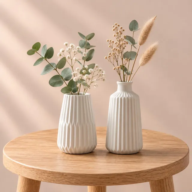 Deco by Boltze set 2x mini vaasjes - ivoor wit - porselein - 17 cm - bloemenvaas - mix vormen - voor bloemetjes
