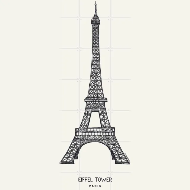 IXXI Eiffel Tower, Huisportret & Kunst in Kaart - 100 x 140 cm - Grote wanddecoratie en posters - Line art, Illustraties, Architectuur Zwart en wit