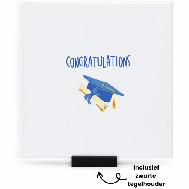 Hacebo congratulations muts en diploma tegeltje met tegelhouder - Felicitatie - iemand die is geslaagd - tegeltjes met tekst - gefeliciteerd - examen - school - diploma gehaald - spreuktegels - 15x15 CM Wit