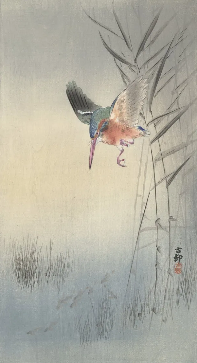 De Opmakerij Textielframe - Ohara Koson, IJsvogel jagend op vis, full-colour print op Dekostof 60 x 110cm full colour