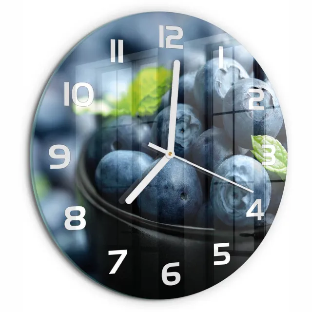 TULUP Wandklok - Bosbessen Wandklok Glas Decoratie - fi30 cm - Blauw Gekleurde Glazen Klok - Witte handen - Ronde Klok - Klok Glas Met Opdruk - Moderne Wandklok Glas