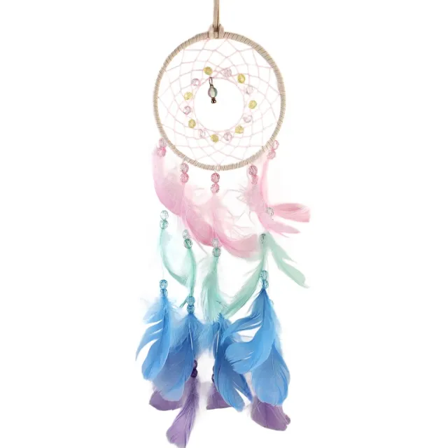 BamBella Droomvanger - veren - 57cm hoog - veren kralen roze blauw groen