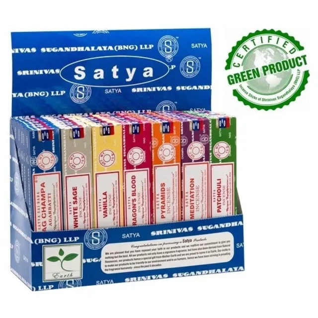 Satya Wierook Assortiment – Superhit, Money Matrix, Myrrh, Frankincense, Spiritual Healing, Karma, Dragon’s Blood, Namaste, Lavender, Tulsi, Nag Champa & Jasmine met Kajal Sticker