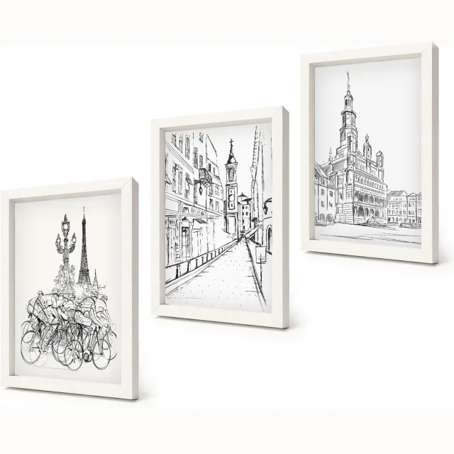 Coloray 3-Delige Schilderij Set - Eenvoudige tekeningen van stadsgezichten - 20x30 - Schilderijen Set - Wanddecoratie - Woonkamer - Interieur Decoratie Witte lijst