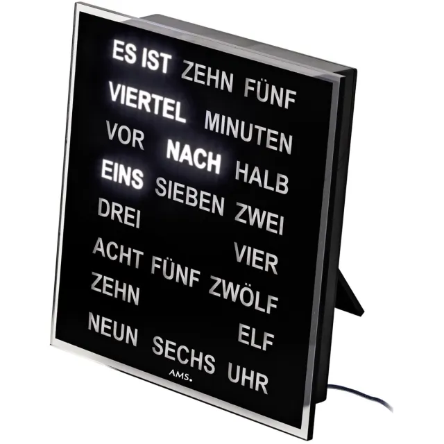 AMS Intertime | Woordklok | Wandklok | Tafelklok | 20x20 | Zwart| Duits Leer