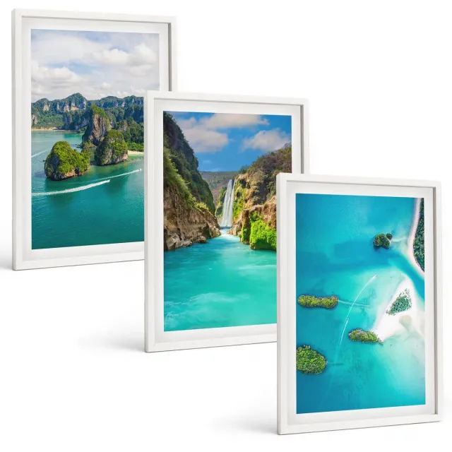 Coloray 3-Delige Schilderij Set - Tropische Landschappen Met Eilanden En Turquoise Water - 40 x 60 - Stijlvolle Muurdecoratie - Kantoor - Woonkamer Decoratie Witte lijst