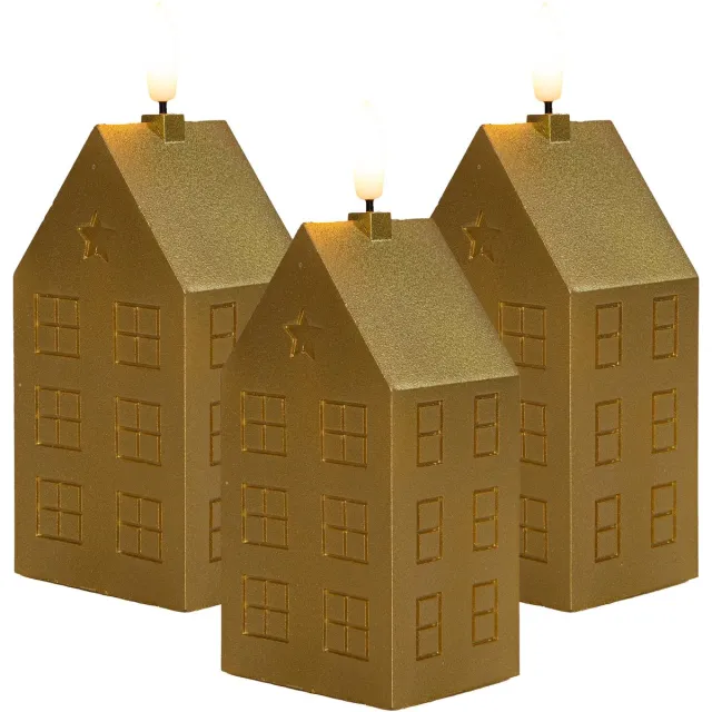 Anna's Collection LED kaars huisje - 3x - goud - H15 cm - met timer - op batterijen - kerst decoratie Goudkleurig
