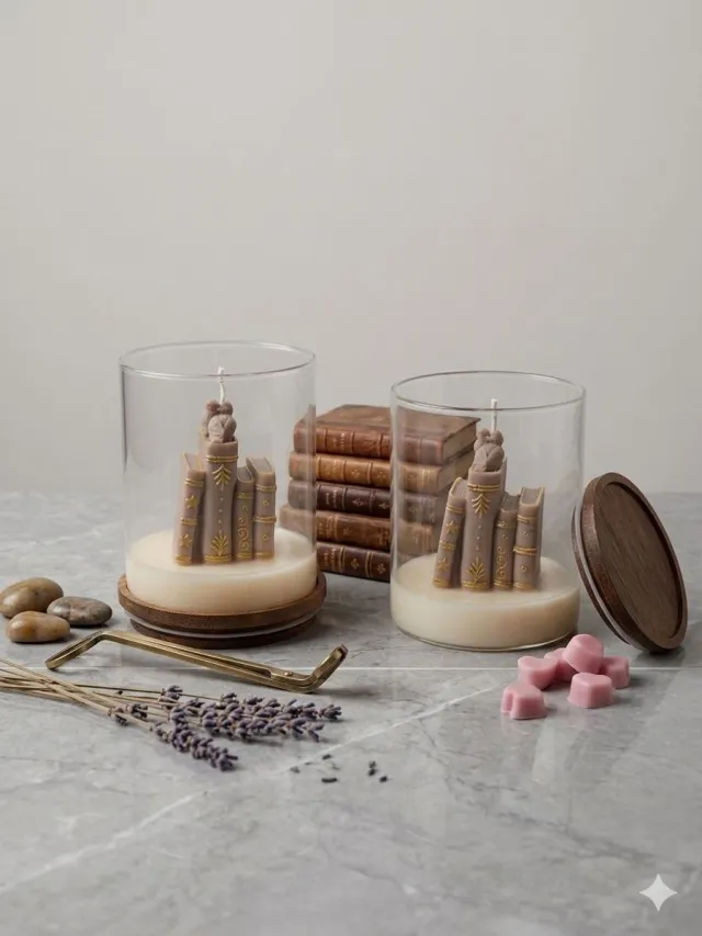 Lumen and Lux Candles Luxe Kaars in de Vorm van een Boekenstapel – Taupe – Handgemaakt & Decoratief – Luxe Glazen Pot - Juffrouw - Meester