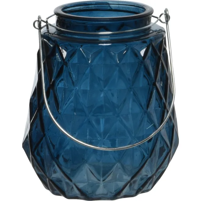Decoris Waxinelichthouder - ruitjes glas - donkerblauw - metalen handvat - 11 x 13 cm